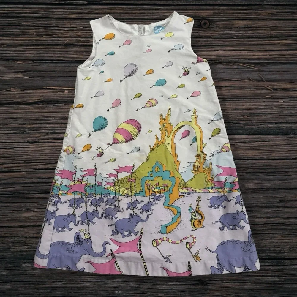 Dr. Seuss Hot Air Balloon Elephant Border Dress Girls 4T Cotton